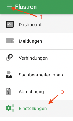 Die flustron Navigation mit markiertem Einstieg in die Einstellungen.