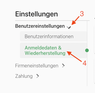 Die Benutzereinstellungen in flustron mit markiertem Bereich für Anmeldedaten und Wiederherstellung.