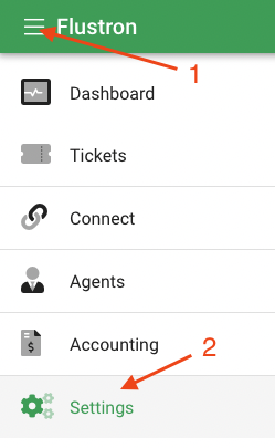 The flustron navigation with the entry to Settings highlighted.