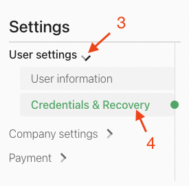 The user settings area in flustron with the credentials and recovery section highlighted.