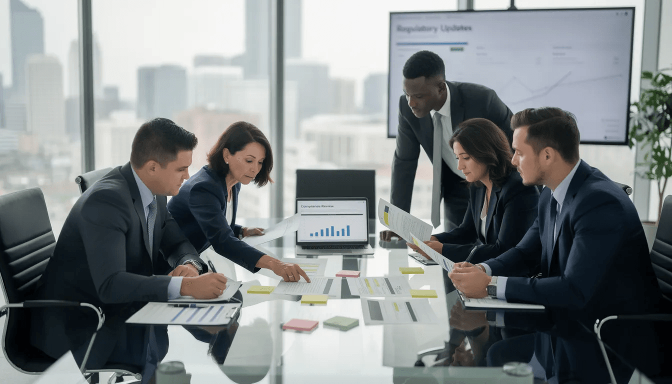 In einem modernen Büro besprechen Geschäftsleute Compliance-Dokumente, die sich auf die Umsetzung der Whistleblower-Richtlinie beziehen. Sie konzentrieren sich auf den Schutz von Hinweisgebern und die Einhaltung der Vorgaben des EU-Rechts, um Verstöße gegen das Unionsrecht zu melden.
