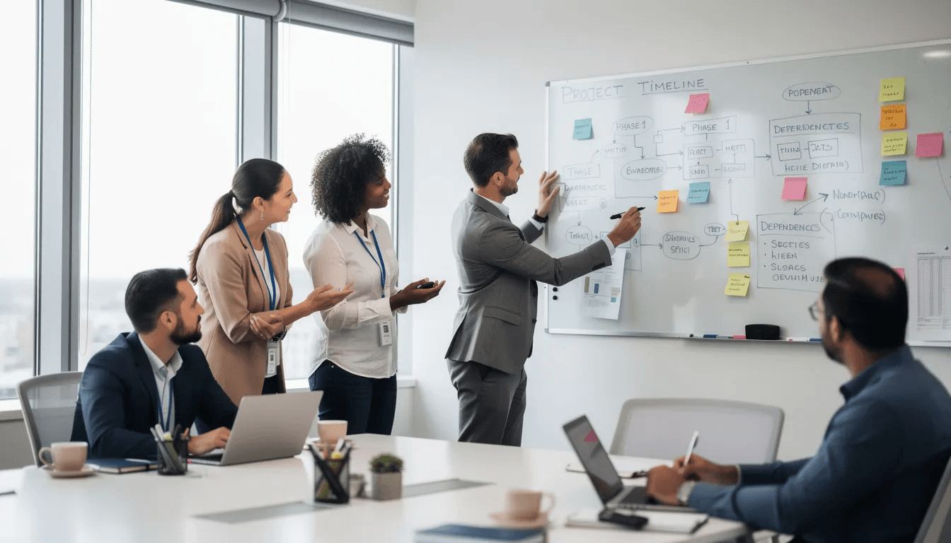 Das Bild zeigt ein Projektteam, das an einem Whiteboard zusammenarbeitet, um die Umsetzung der Whistleblowing-Richtlinie zu planen. Die Mitglieder diskutieren aktiv über Meldestellen und den Schutz von Hinweisgebern im Kontext von Verstößen gegen das Unionsrecht.