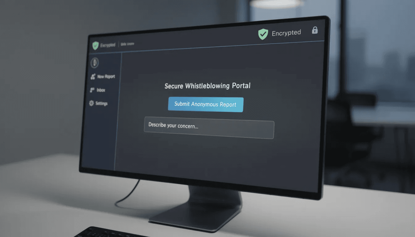 Das Bild zeigt die Benutzeroberfläche einer sicheren digitalen Whistleblowing-Plattform auf einem Computerbildschirm. Die Plattform ermöglicht es Personen, Verstöße gegen das Unionsrecht vertraulich zu melden und bietet Schutz für Hinweisgeber gemäß der Richtlinie des Europäischen Parlaments und des Rates.